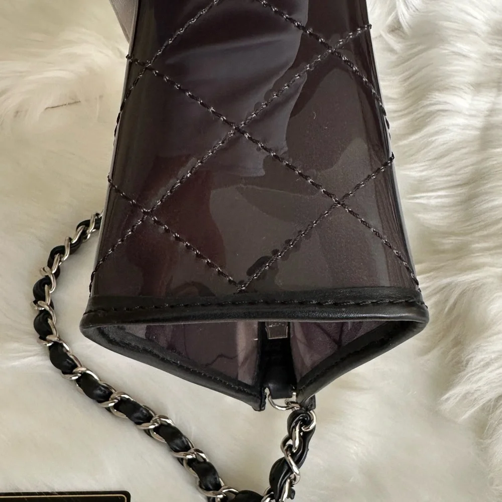 CHANEL Silver Quilted PVC Shoulder Bag with Black Trim